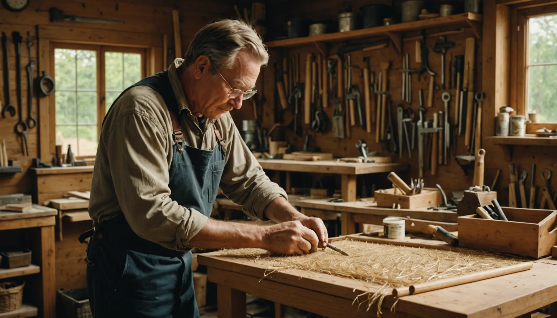 A skilled craftsman working on cane webbing in a workshop