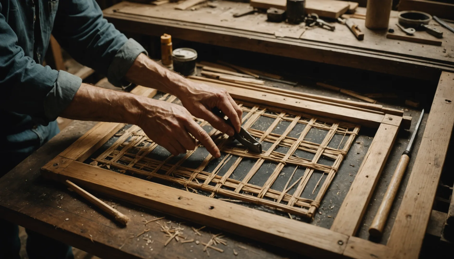 A wooden frame with cane webbing being attached, tools arranged around.