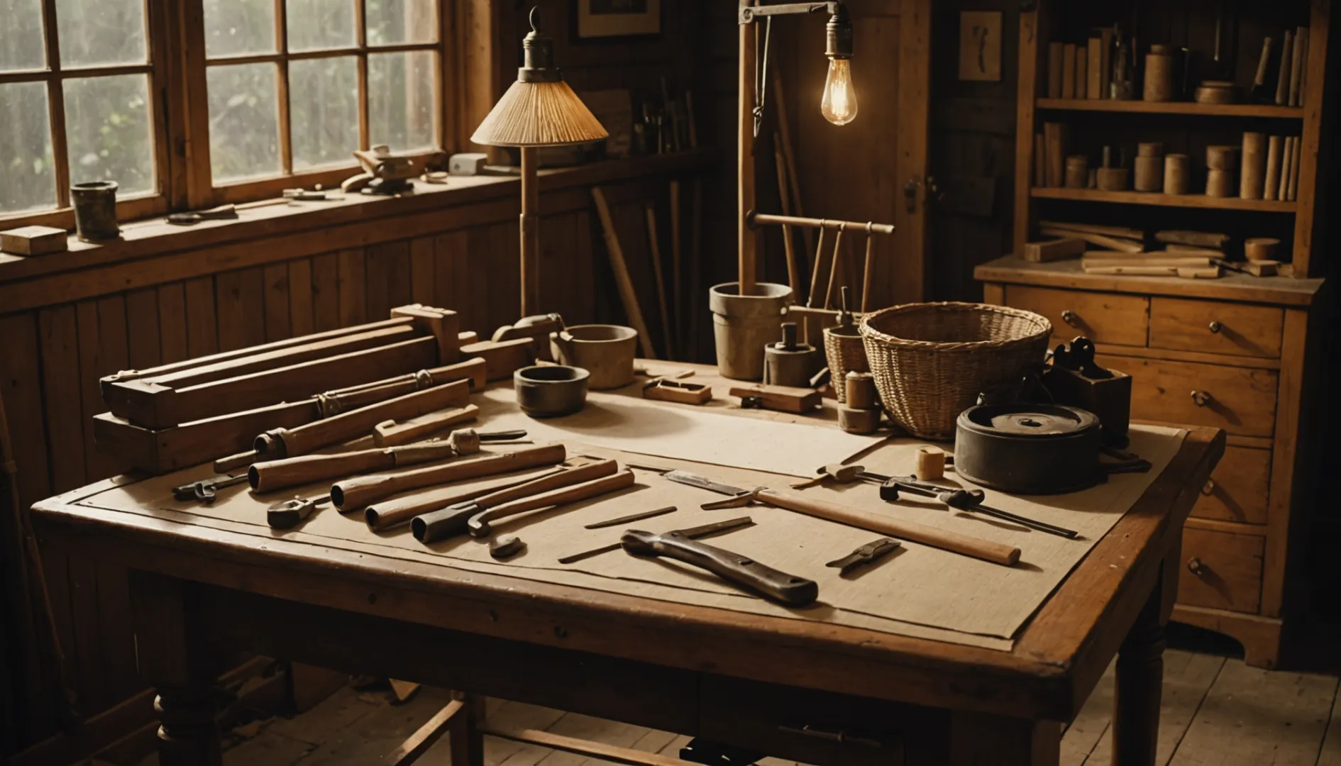A well-lit workshop with a wooden frame and tools for cane webbing