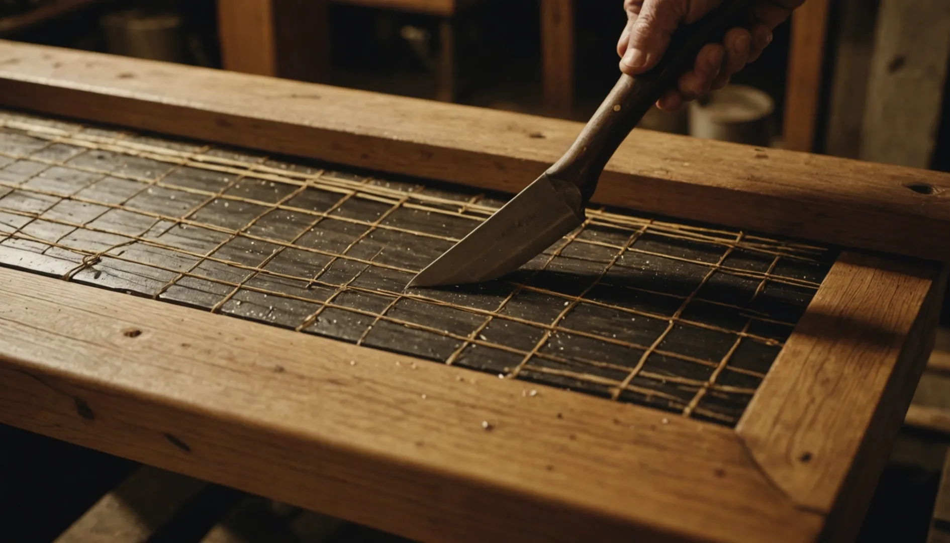 Close-up of wooden furniture frame with cane webbing