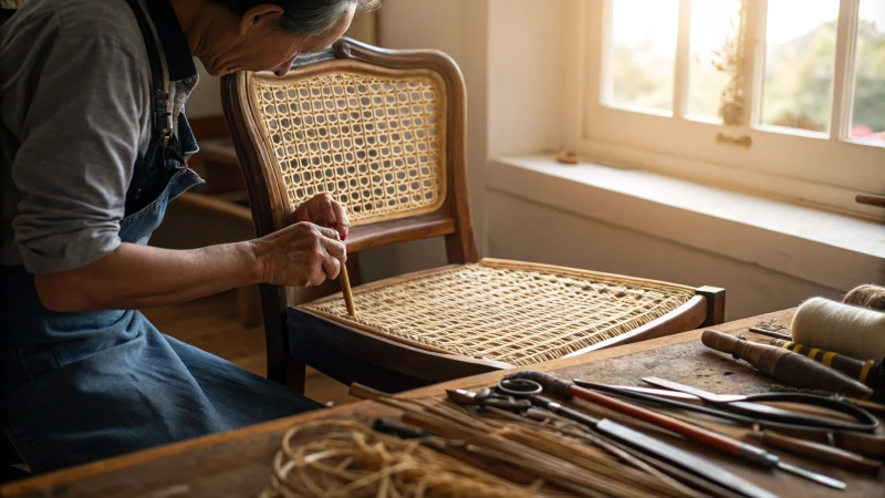 Artisan weaving rattan webbing on a vintage chair