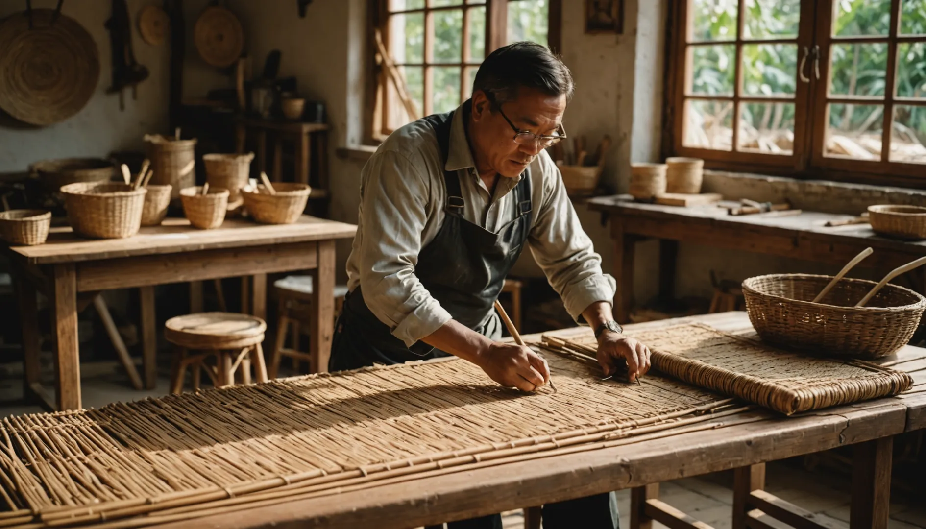 Artisans crafting rattan furniture in a workshop