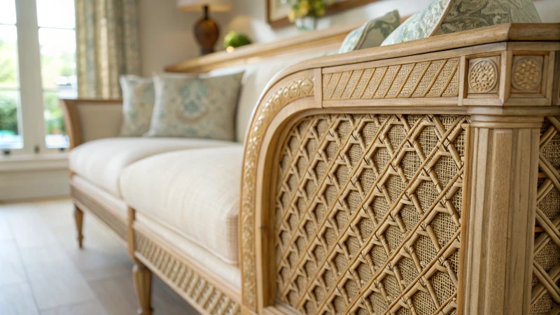 Close-up of a stylish cane webbing furniture piece