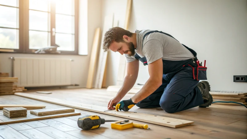 Construction worker preparing wooden floor