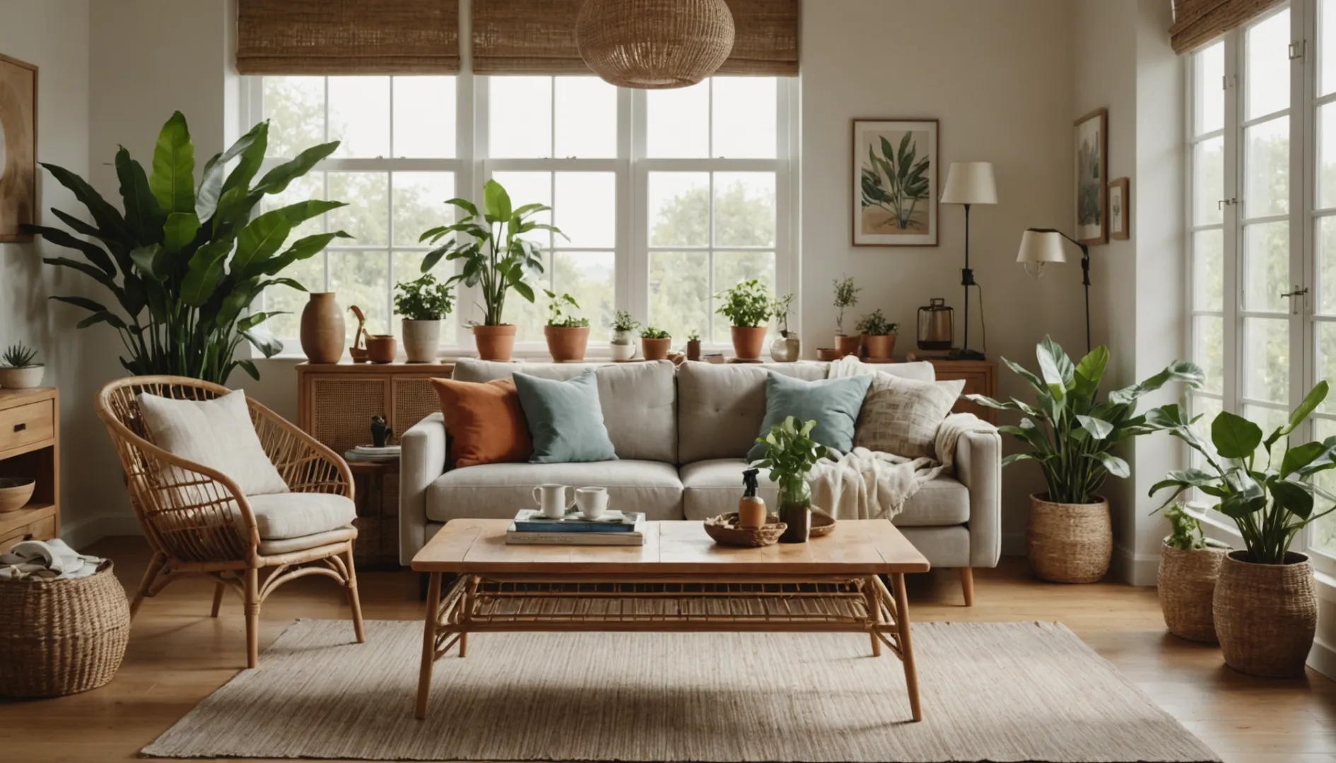 Cozy living room with rattan furniture and cleaning supplies