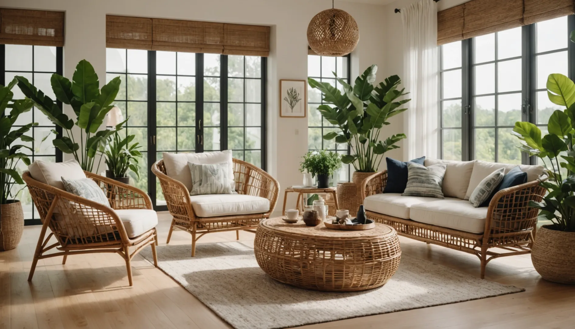 Cozy living room with rattan furniture