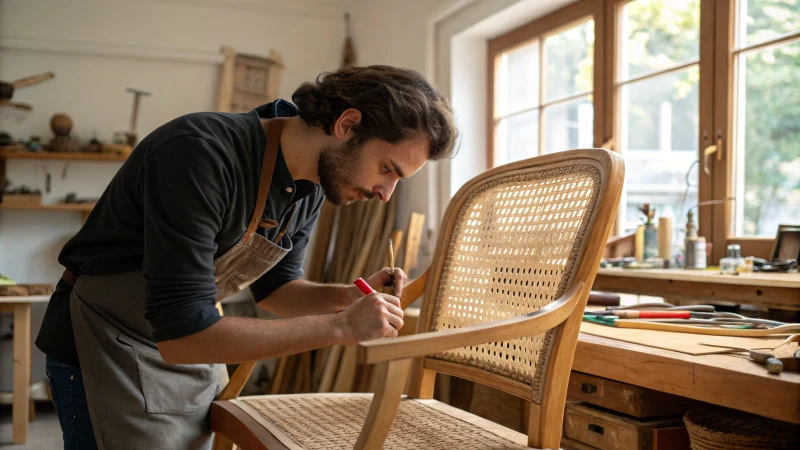 A DIY enthusiast working on a wooden chair in a workshop