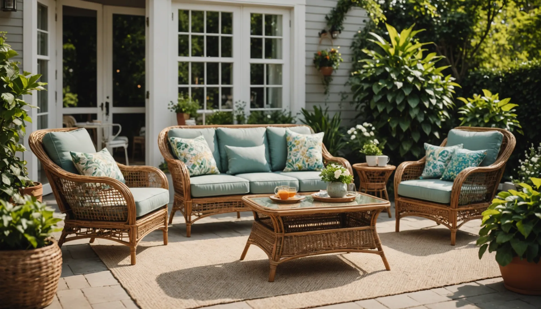 Luxurious outdoor patio with rattan furniture and vibrant garden