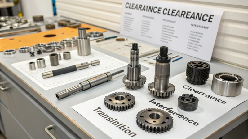 Mechanical components on a workbench, showcasing various types of fits.