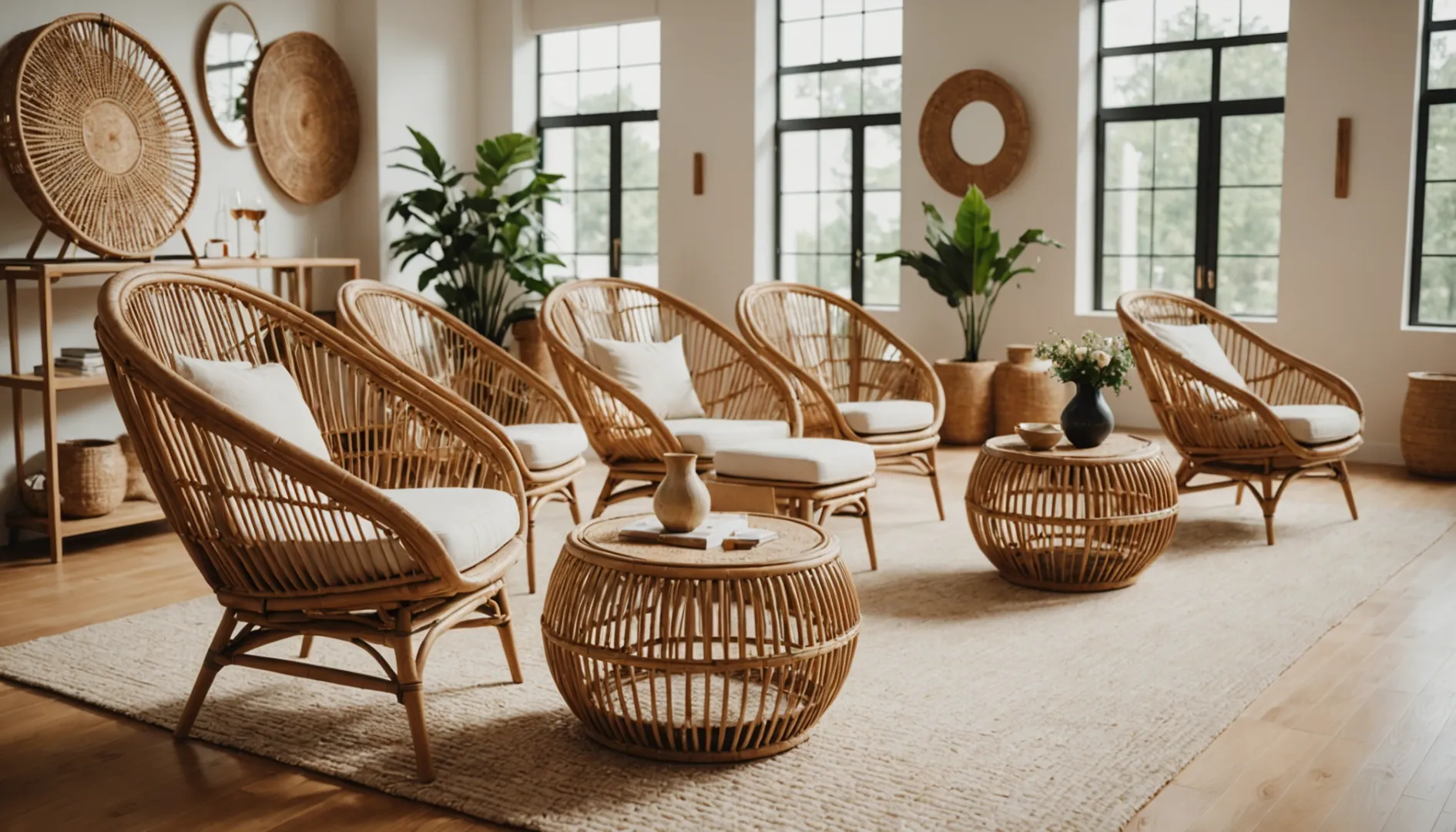 A modern furniture showroom filled with stylish rattan furniture