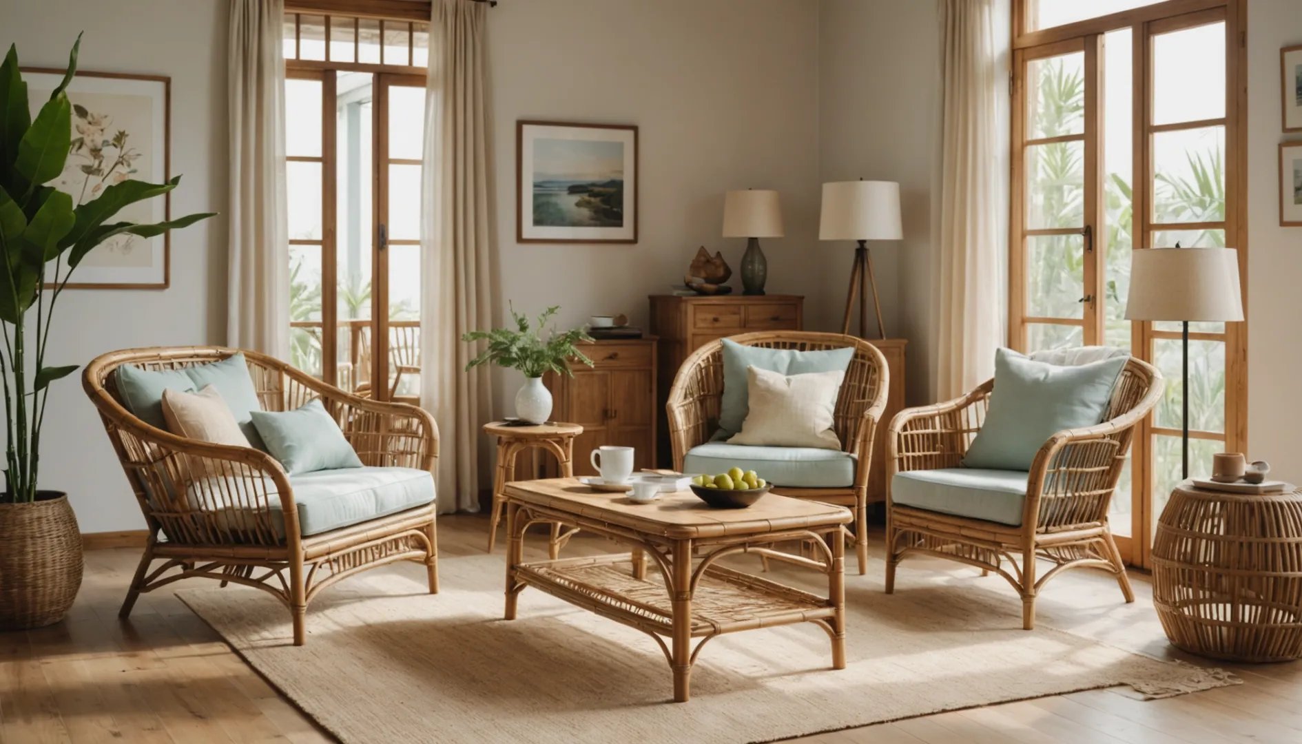 A comparison of rattan and bamboo furniture in a bright interior