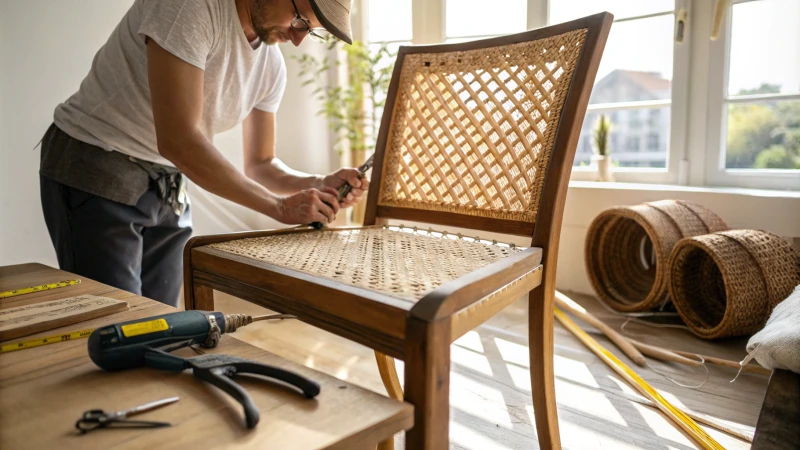 Installation of rattan webbing on a wooden chair in a well-lit workspace