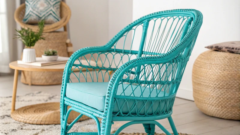 Vibrant turquoise rattan chair in a minimalist setting
