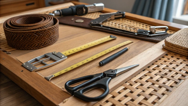 Wooden workbench with tools for rattan webbing installation