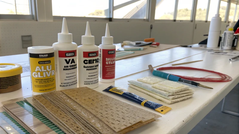 A clean and organized workshop table with glue bottles and cane webbing samples
