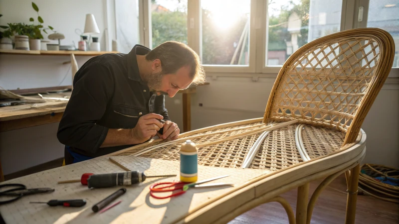 Artisan repairing rattan furniture in workshop