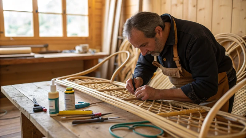 An artisan repairing rattan furniture