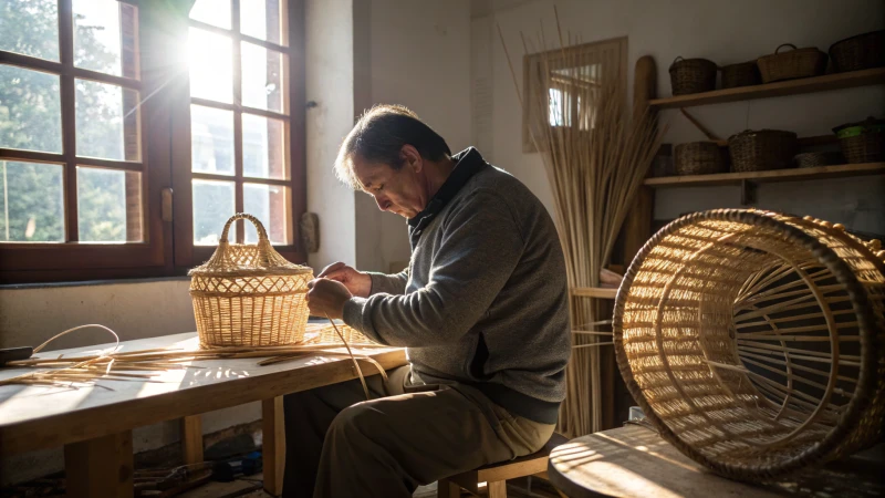 Artisan weaving a rattan basket at a sunlit workbench