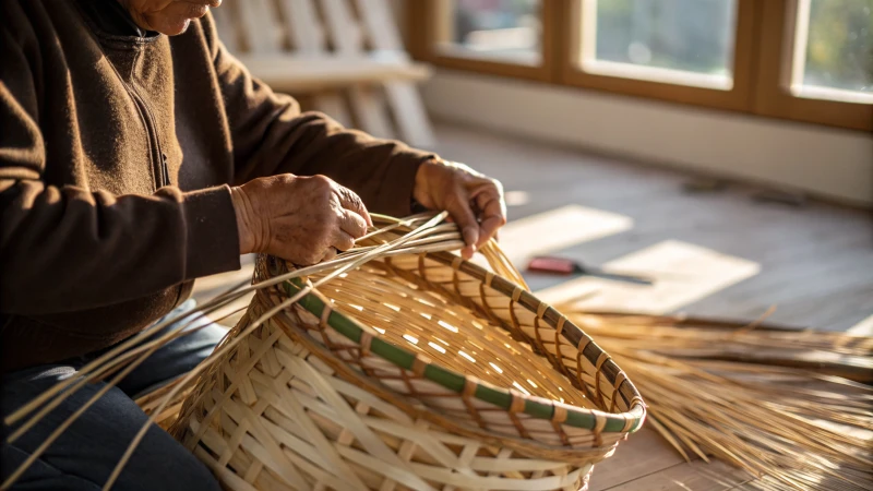 Artisan weaving a rattan basket