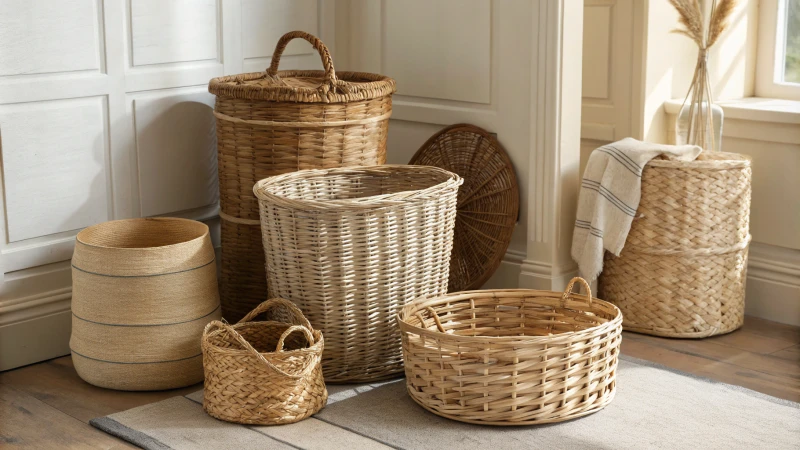 Assorted wicker baskets displayed against a neutral background