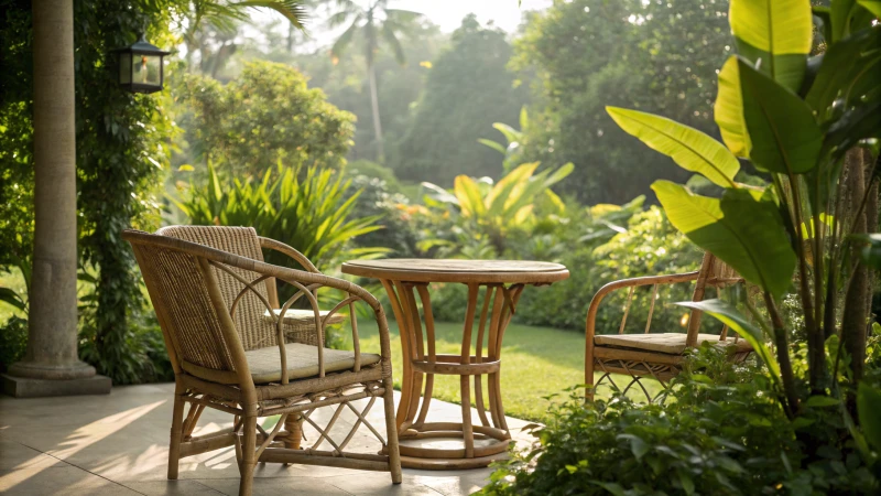 Bamboo cane chair and table set in a lush garden