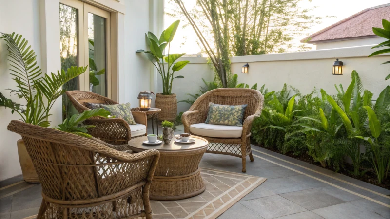 A well-arranged patio with rattan furniture and green plants