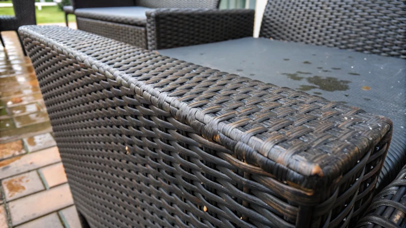 Close-up of blackened rattan furniture with mildew signs