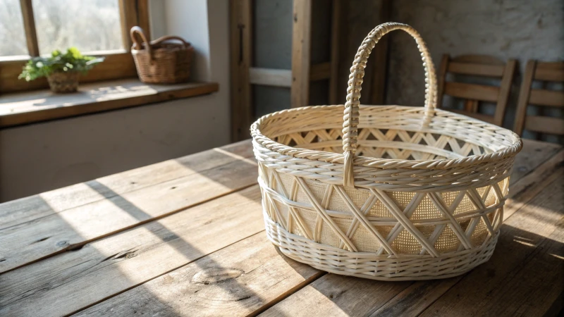 A bleached wicker basket on a wooden table