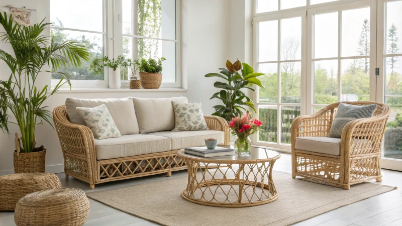 Bright and airy living room with modern rattan furniture and vibrant indoor plants