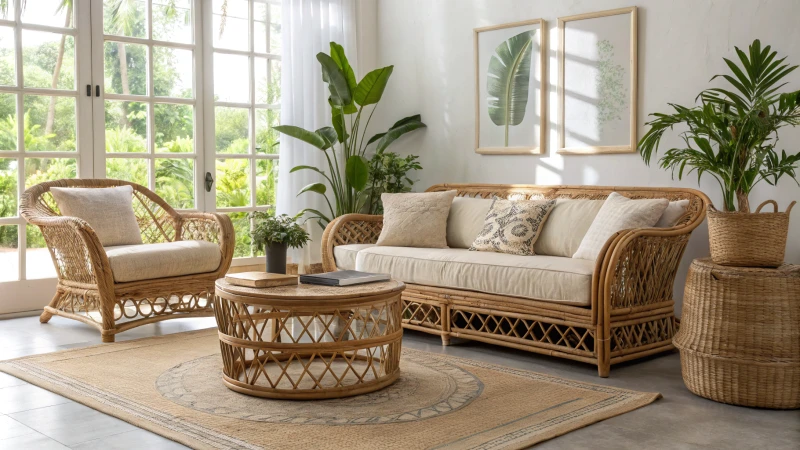 Bright and airy living room with rattan furniture
