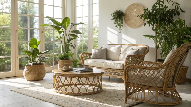Bright and airy living room with rattan furniture and plants