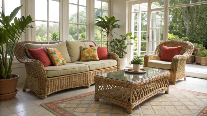 Bright and airy living room with rattan furniture