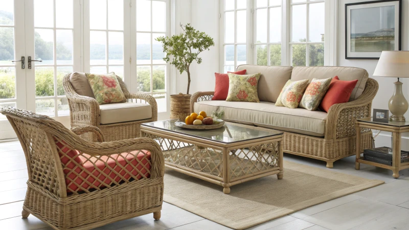 Bright and airy living room with rattan furniture