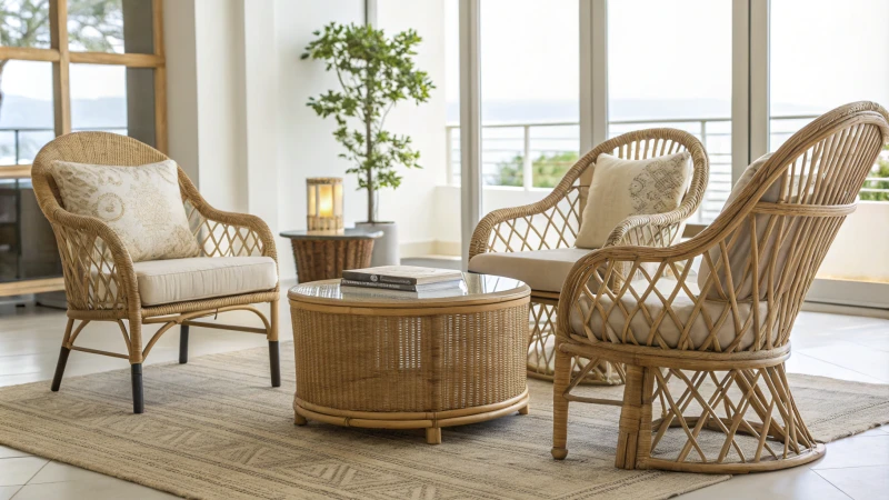Stylish interior featuring rattan and bamboo furniture