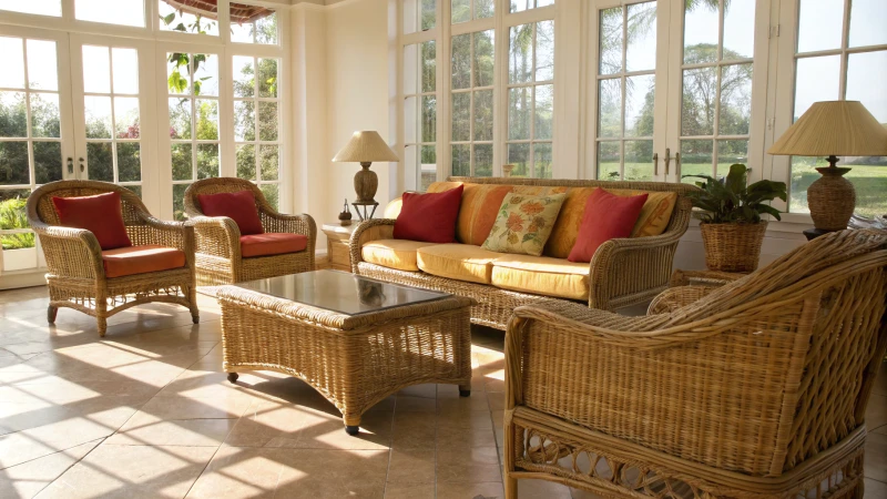 A bright and cozy living room with rattan furniture and vibrant cushions
