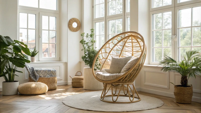 Stylish rattan chair in a bright living room