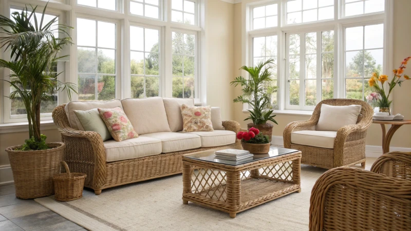 A bright living room with rattan furniture and indoor plants