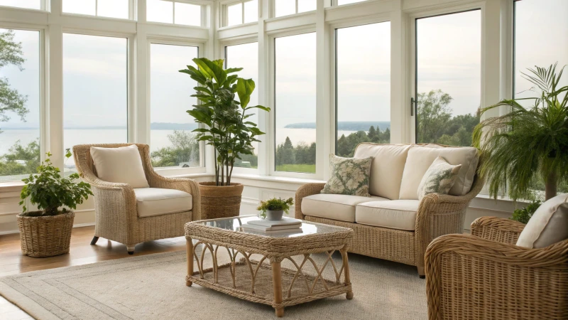Bright living room with rattan furniture and plants