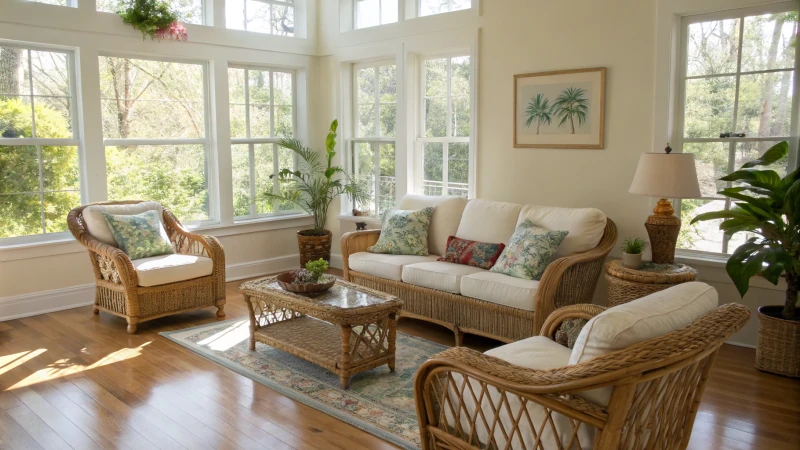 Bright living room with rattan furniture