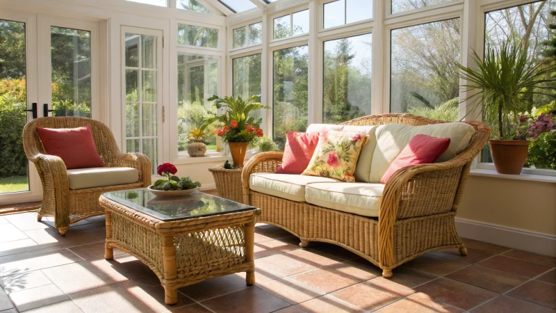 Bright living room with rattan furniture and plants