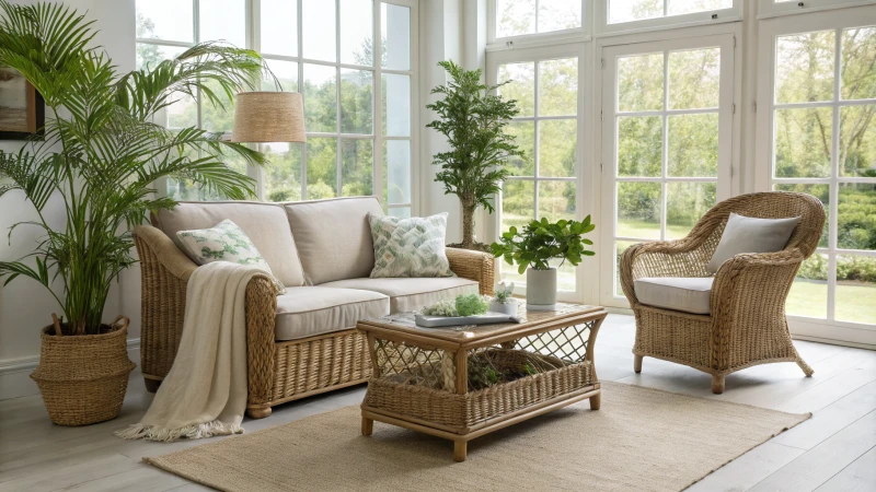 Bright living room with rattan furniture and plants