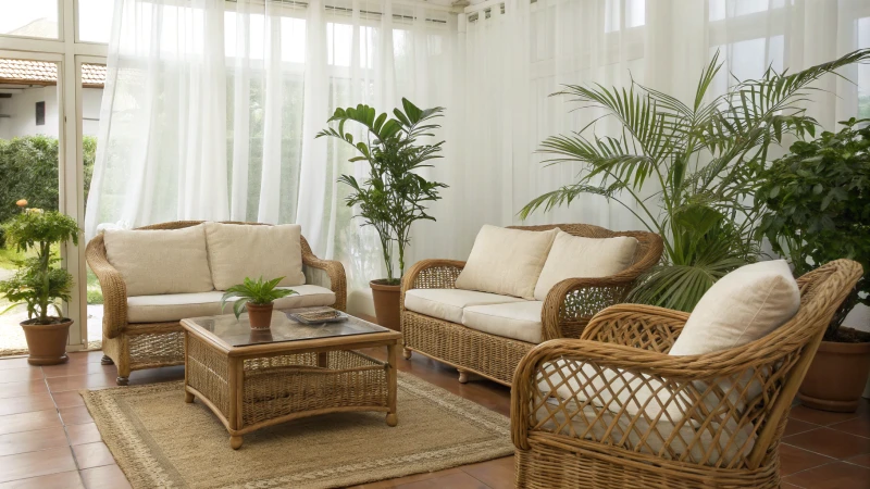 Bright and inviting living room with rattan furniture
