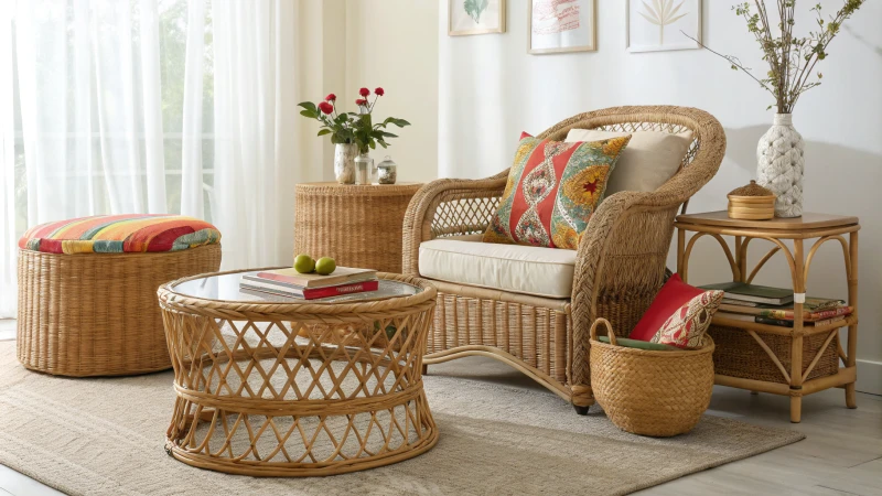 Cozy living room with wicker, rattan, and cane furniture
