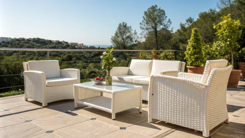A bright patio with rattan furniture and greenery