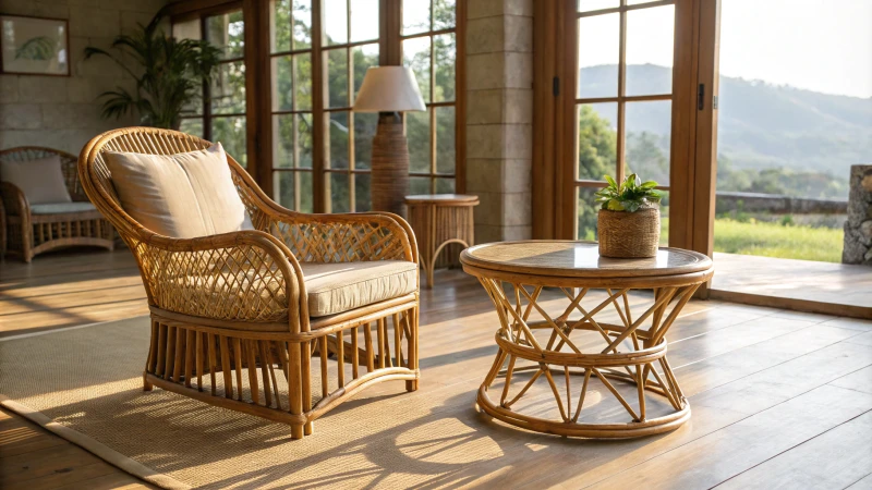 A bright room with rattan and bamboo furniture