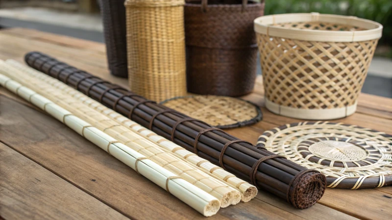 A comparison of cane, rattan, and wicker materials on a wooden table
