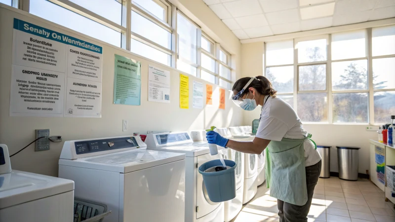 A person measuring bleach in a clean laundry room