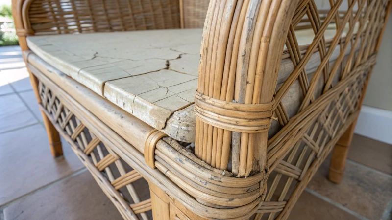 Close-up of damaged rattan furniture