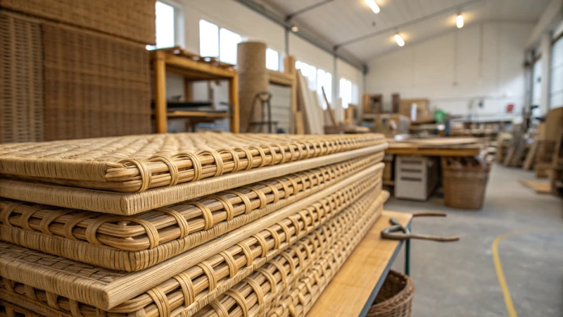 Close-up of neatly stacked rattan materials in a workshop