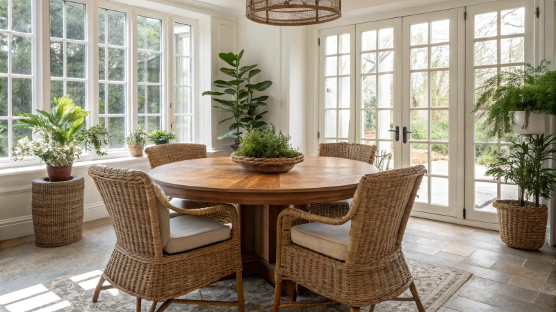 Cozy dining room with round wooden table and rattan chairs